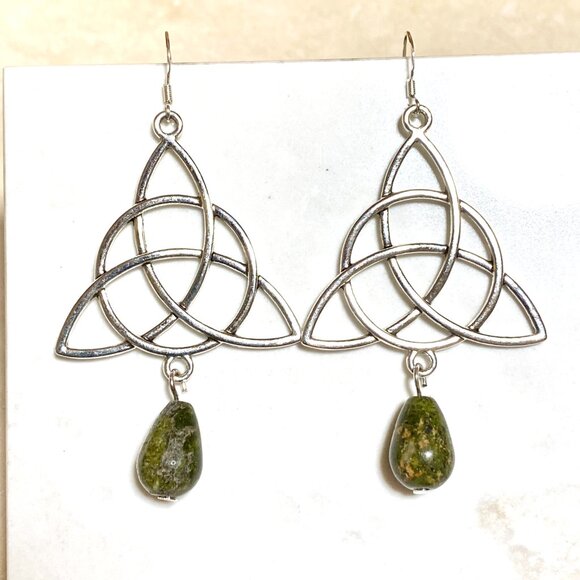 2/$20, Genuine Dark Green Unakite Celtic Trinity Sterling Silver Dangle Earrings - Picture 2 of 11